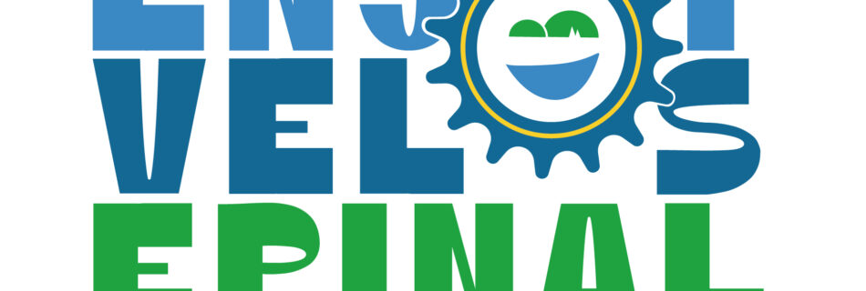 Logo featuring blue large letters with a blue gear and a circular emblem showing green hills and a blue river, followed by green text reading 'EPINAL' and the slogan '& SON AGGLOMERATION' beneath.