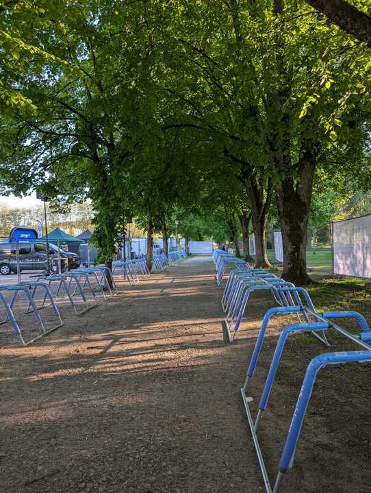 Tree-lined walkway with blue metal barriers on both sides, casting shadows for an outdoor event setup.