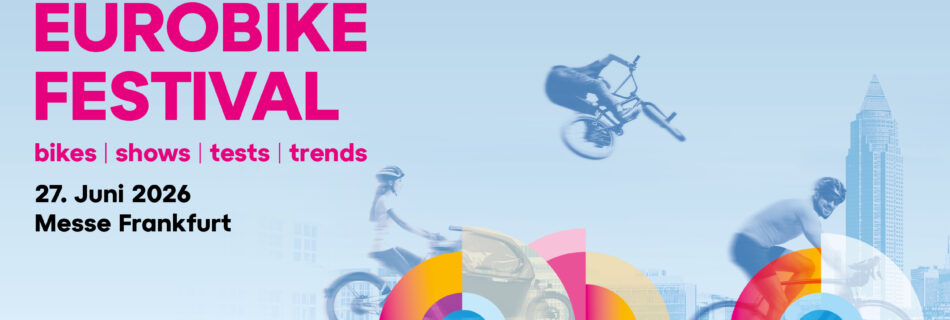 Eurobike Festival poster: large pink 'EUROBIKE FESTIVAL' text, bikes in motion, city skyline, and colorful circular designs on a blue gradient background.