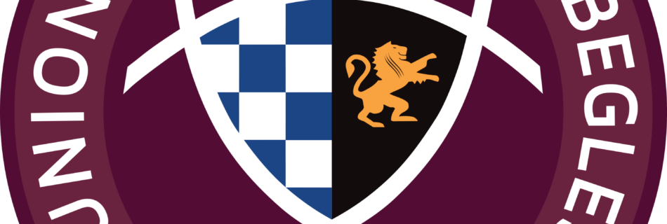 Logo: maroon circular badge with shield, blue checkered left half and orange lion on black right half, surrounding text includes 'RUGBY'.